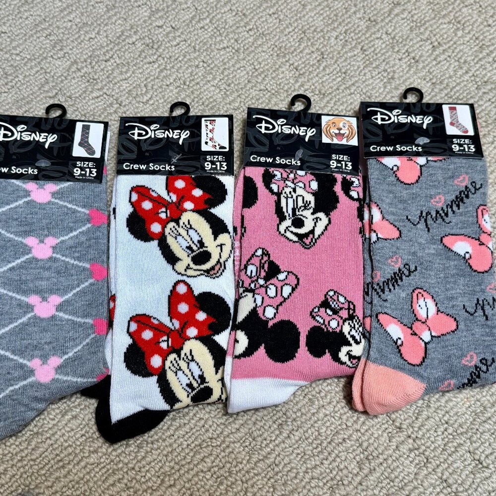 4 Disney Minnie Mouse New Novelty Crew Socks Size 6-12/13 - Men's/Women's -